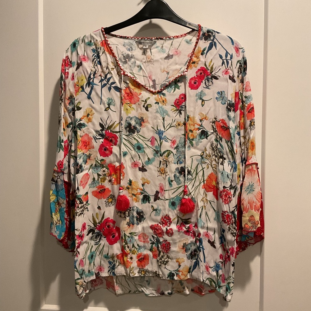 John Mark Floral Multicolor V-Neck Blouse with Tassels